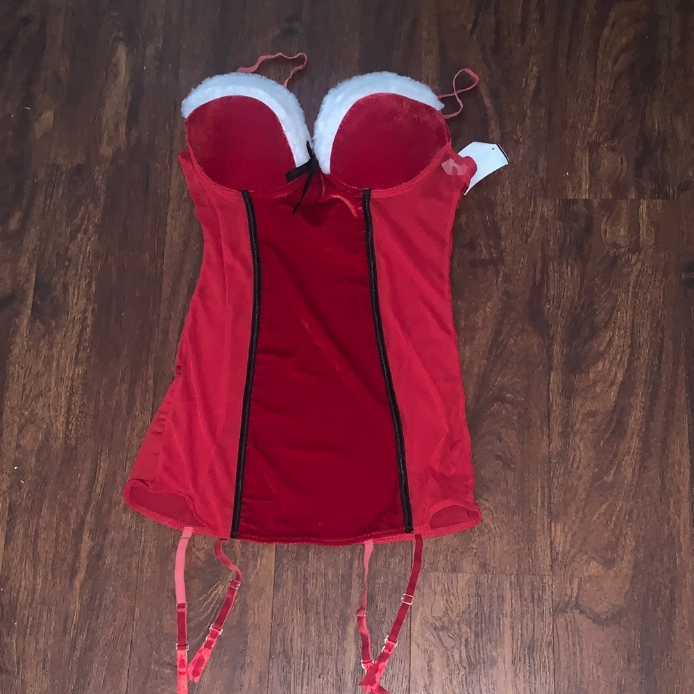 Fireside Fantasy Bustier Red Holiday Bustier Chemise with White Trim  Intimates - Picture 4 of 4